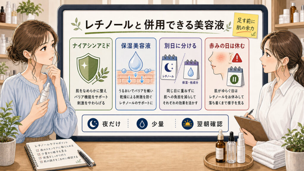 レチノールと併用できる美容液をナイアシンアミド・保湿美容液・別日分け・休む日で確認する女性向けスキンケアイラスト