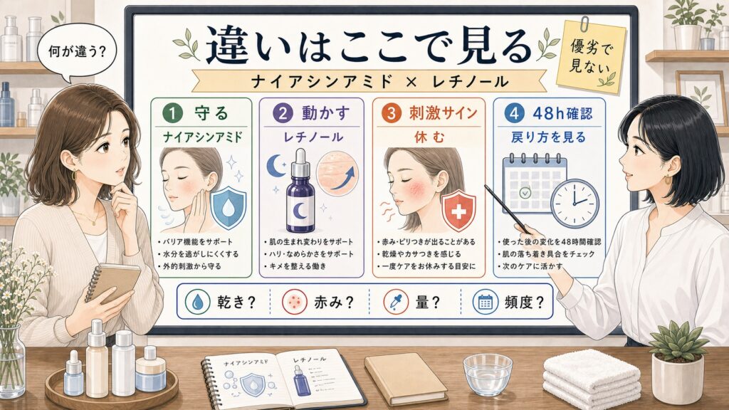 ナイアシンアミドとレチノールの違いを守る・動かす・刺激サイン・48時間確認で整理する女性向けスキンケアイラスト