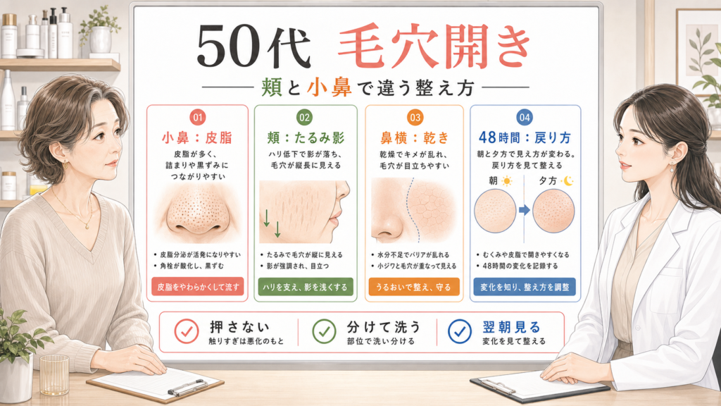 50代の毛穴開きを小鼻の皮脂、頬のたるみ影、鼻横の乾きで分けて見る美容相談アイキャッチ
