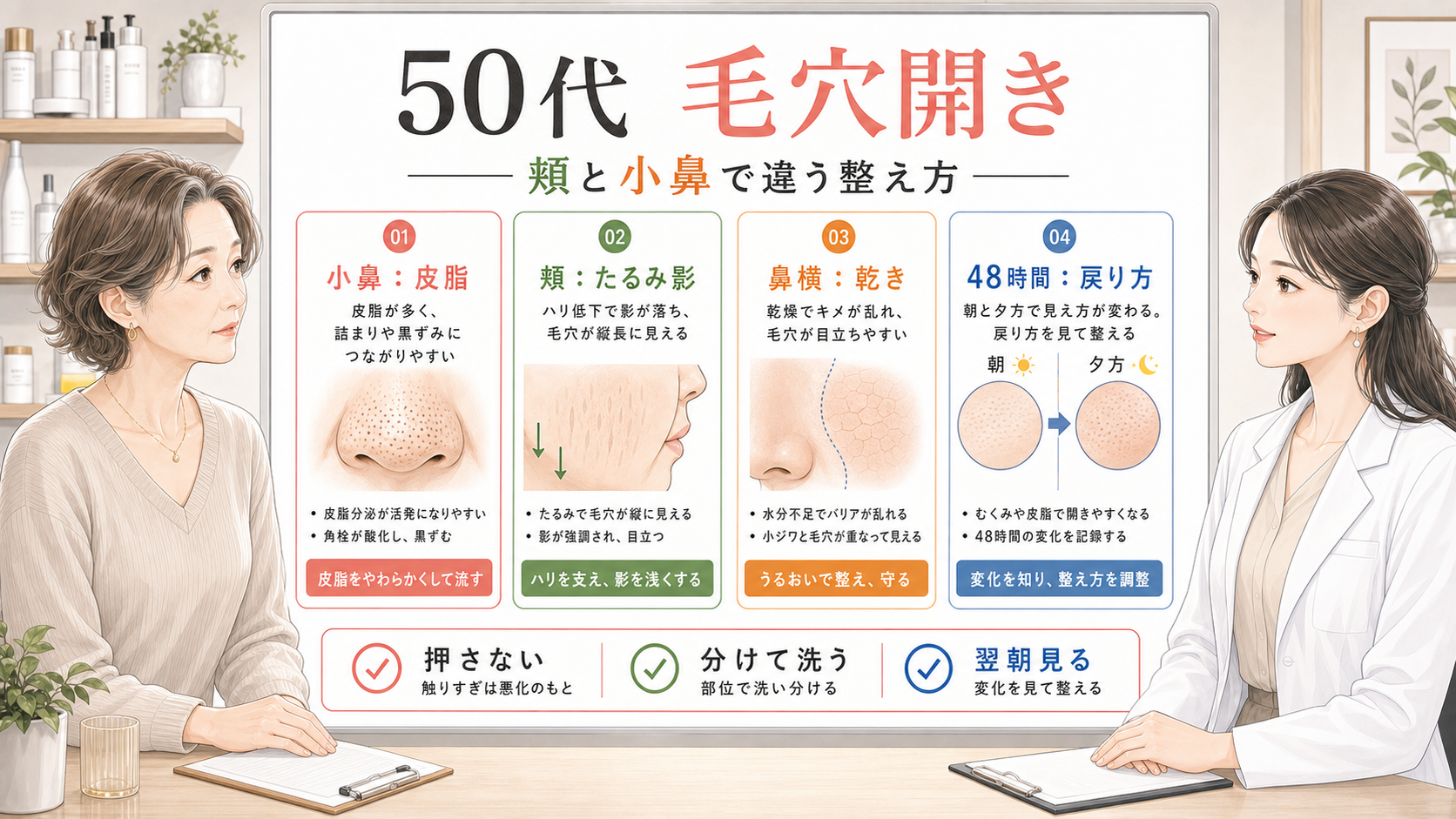 50代の毛穴開きを小鼻の皮脂、頬のたるみ影、鼻横の乾きで分けて見る美容相談アイキャッチ