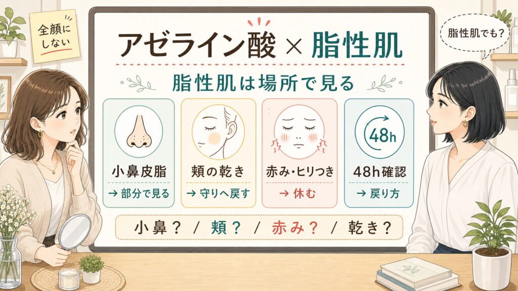 アゼライン酸を脂性肌で使う時の小鼻皮脂・頬の乾き・赤み・48時間確認を整理する女性向けスキンケアイラスト