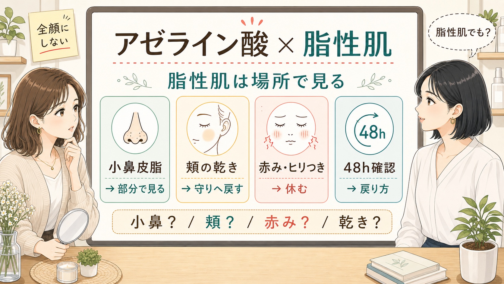 アゼライン酸を脂性肌で使う時の小鼻皮脂・頬の乾き・赤み・48時間確認を整理する女性向けスキンケアイラスト