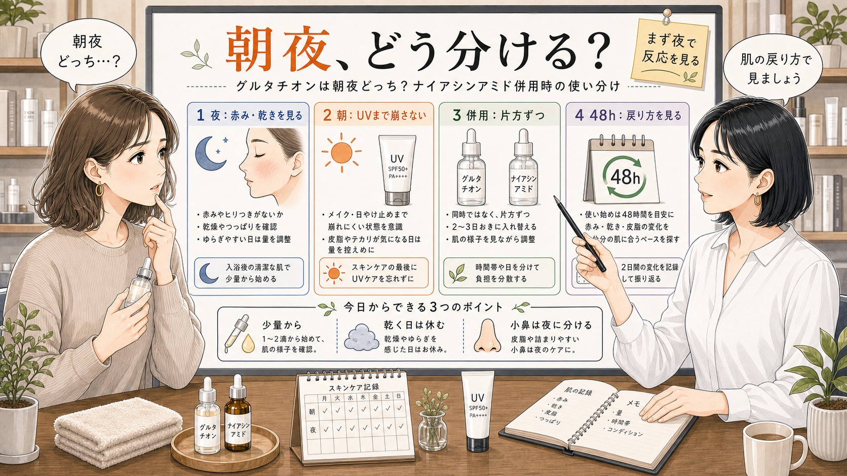 グルタチオンを朝夜どちらで使うかナイアシンアミド併用と48時間確認で整理する図解