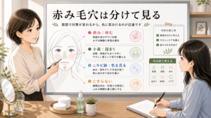 赤み毛穴を分けて考える図で右側女性の手を二本に整えたアイキャッチ