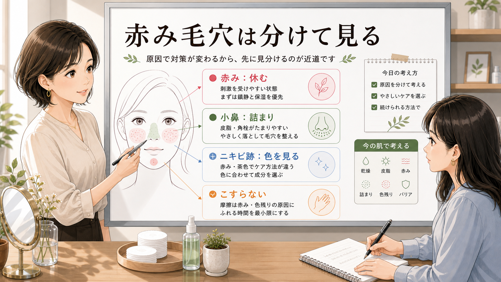 赤み毛穴を分けて考える図で右側女性の手を二本に整えたアイキャッチ