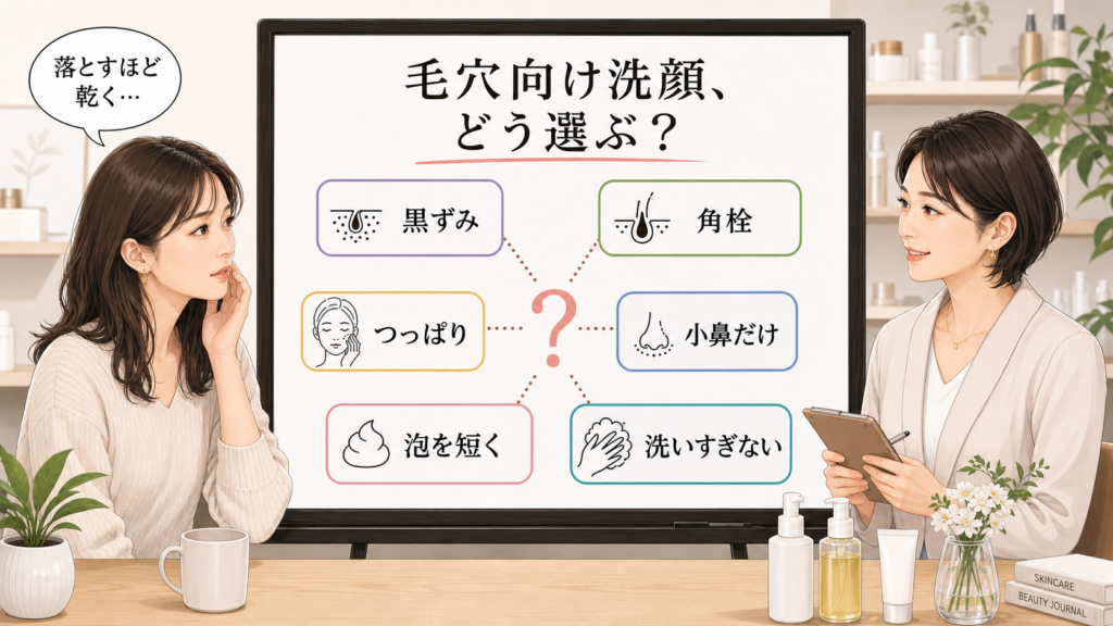 毛穴向け洗顔選びで黒ずみ・角栓・つっぱりに迷う読者と専門家のアイキャッチ