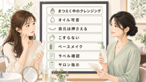 まつえく中のクレンジング選びをオイル可否、目元の摩擦、ベースメイクの落とし方で整理する読者と専門家のアイキャッチ