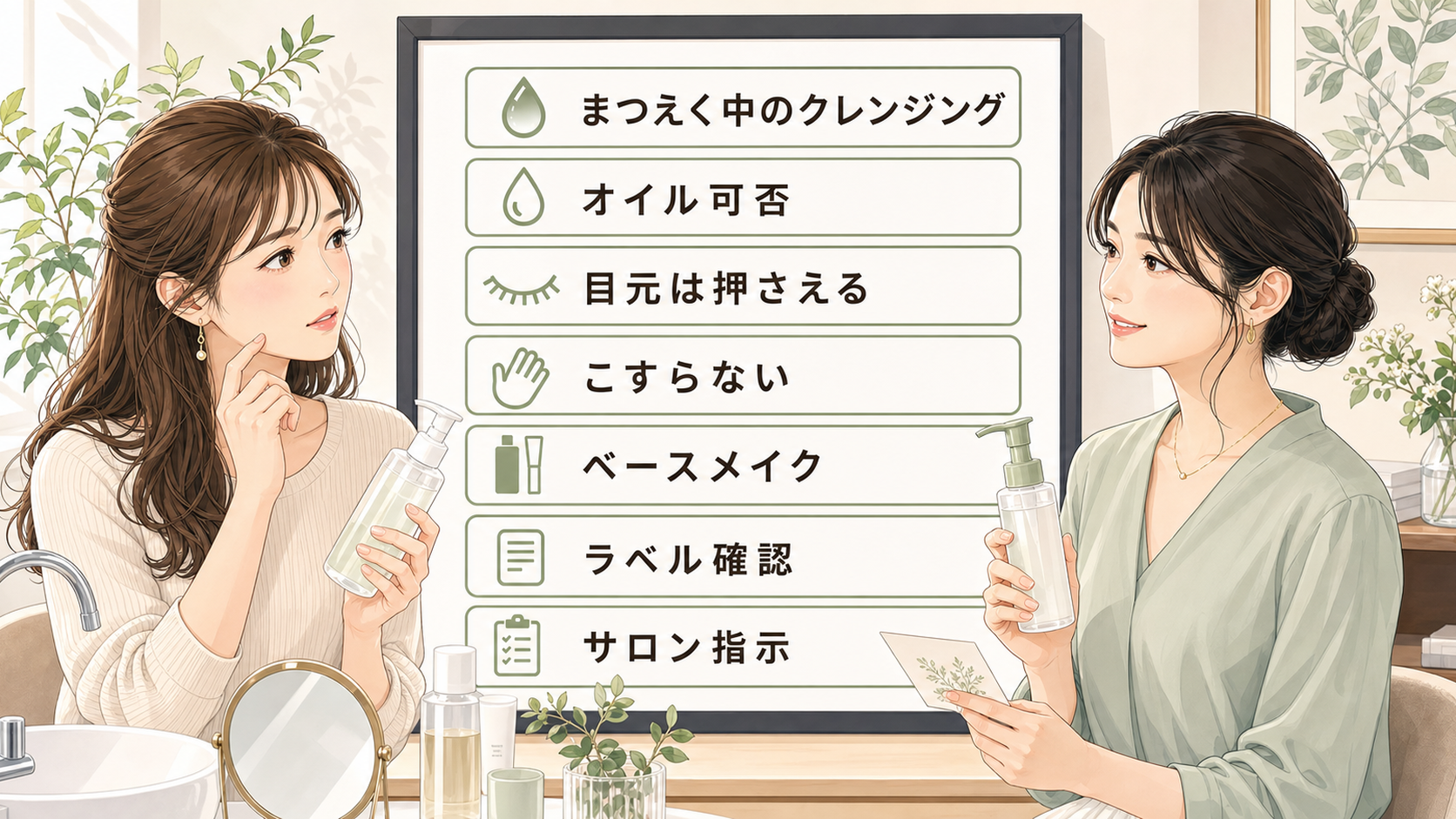 まつえく中のクレンジング選びをオイル可否、目元の摩擦、ベースメイクの落とし方で整理する読者と専門家のアイキャッチ
