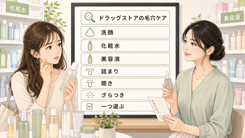 ドラッグストアの毛穴ケア選びを洗顔、化粧水、美容液の役割で整理する読者と専門家のアイキャッチ