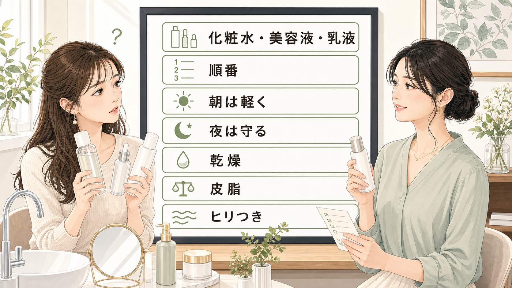 化粧水・美容液・乳液の順番を朝夜と肌悩み別に整理する読者と専門家のアイキャッチ