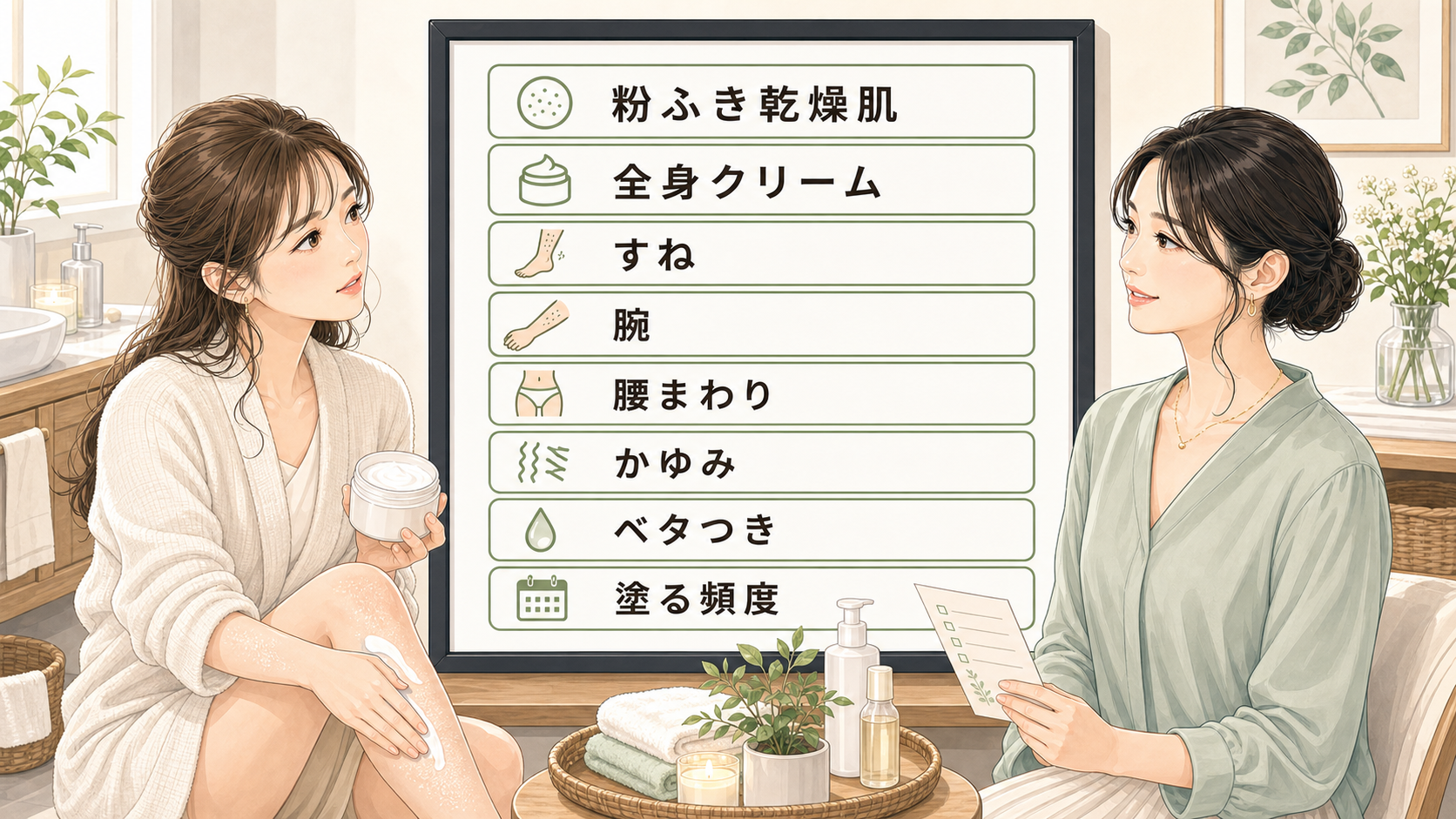 粉ふき乾燥肌の全身クリーム選びを部位、かゆみ、ベタつき、塗る頻度で整理する読者と専門家のアイキャッチ