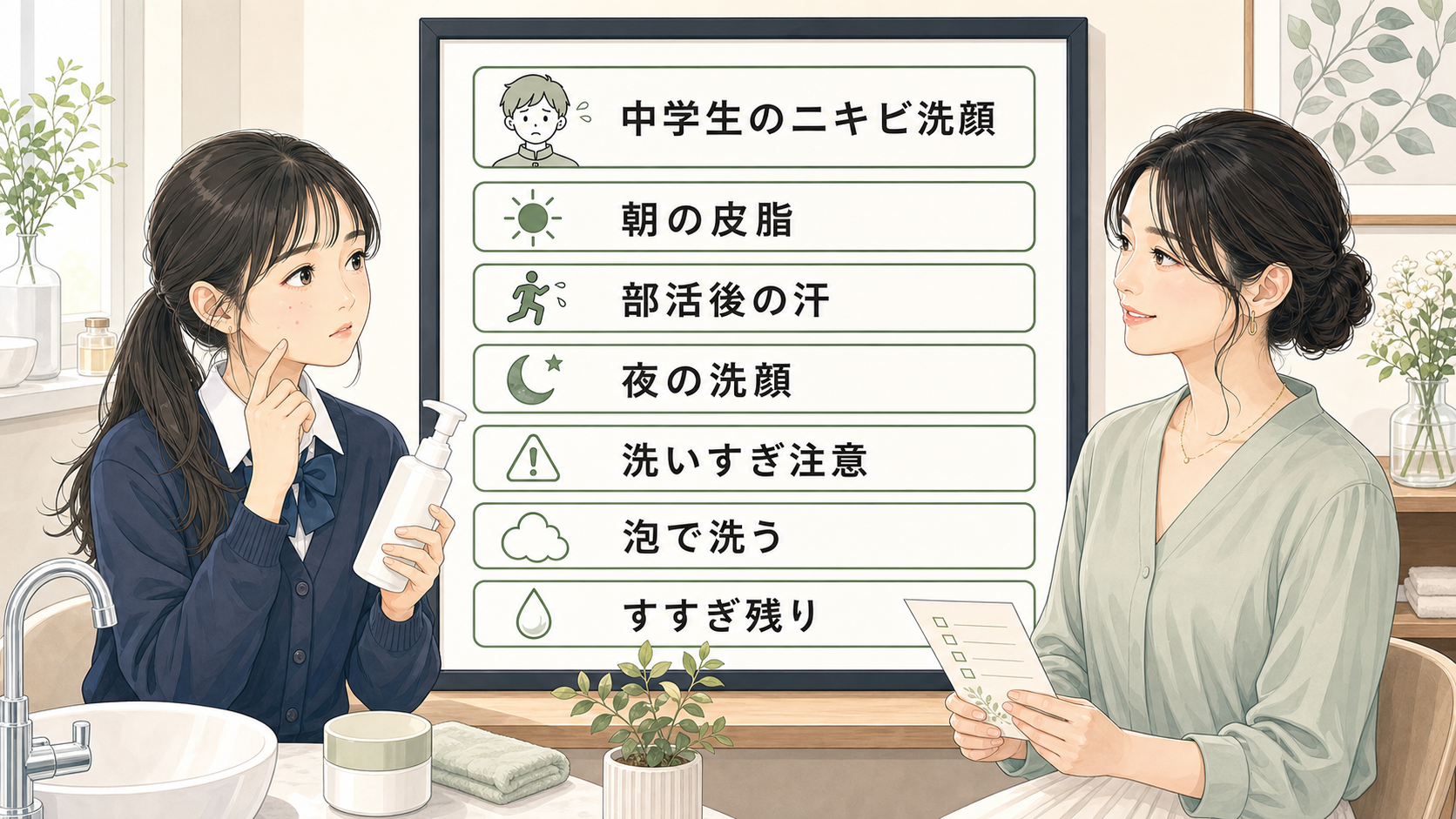 中学生のニキビ洗顔を朝の皮脂、部活後の汗、洗いすぎで整理する読者と専門家のアイキャッチ