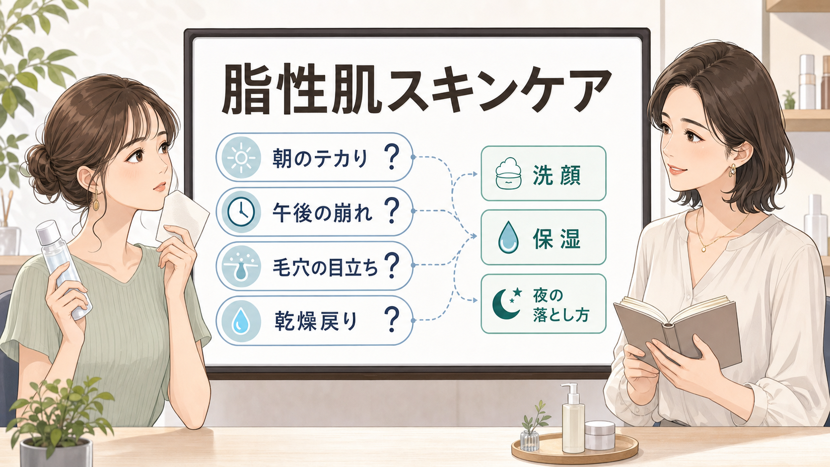 脂性肌のスキンケアを朝のテカり、午後の崩れ、毛穴、乾燥戻りで整理する読者と専門家のアイキャッチ