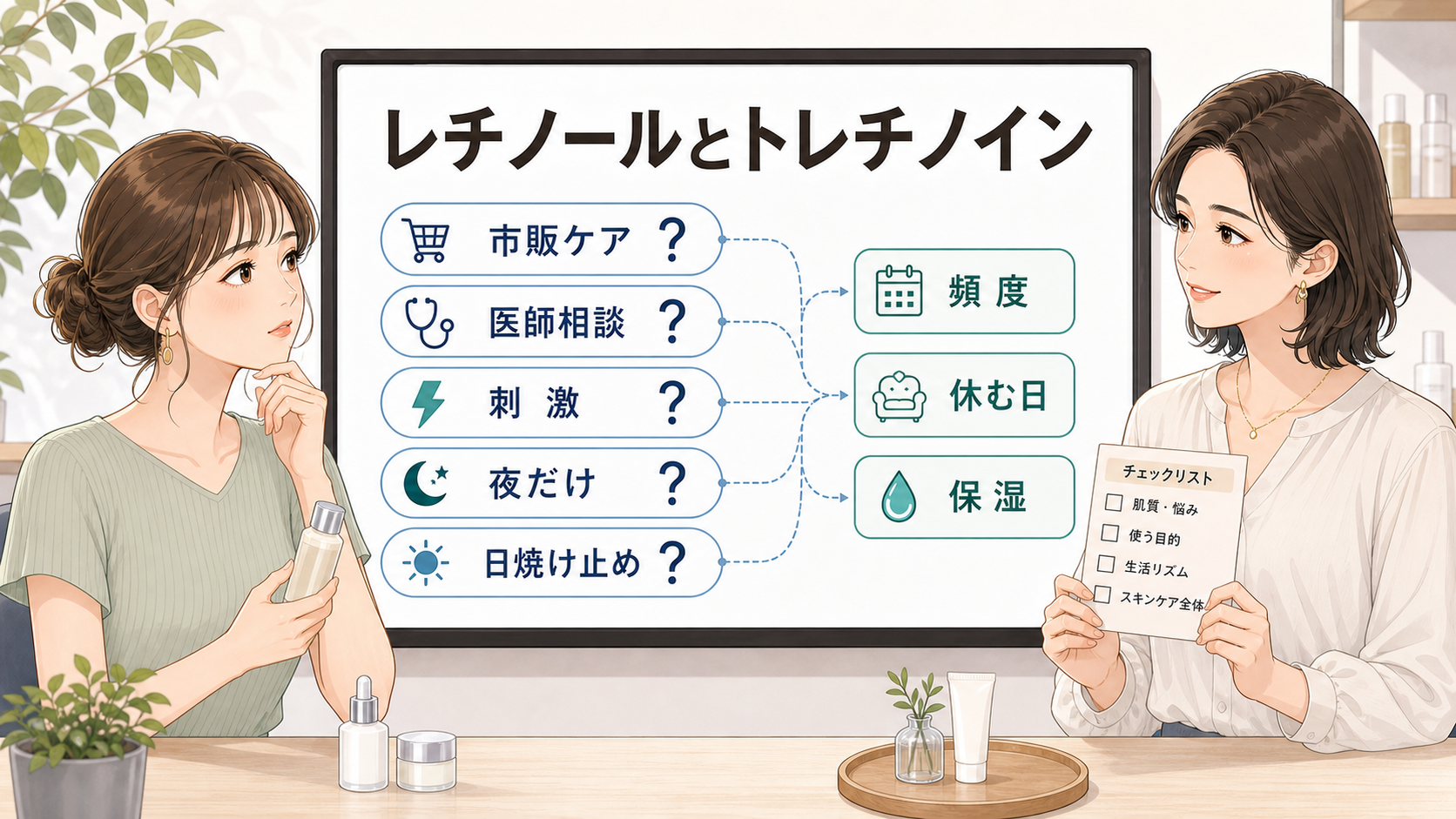レチノールとトレチノインの違いを刺激、使える場面、相談目安で整理する読者と専門家のアイキャッチ