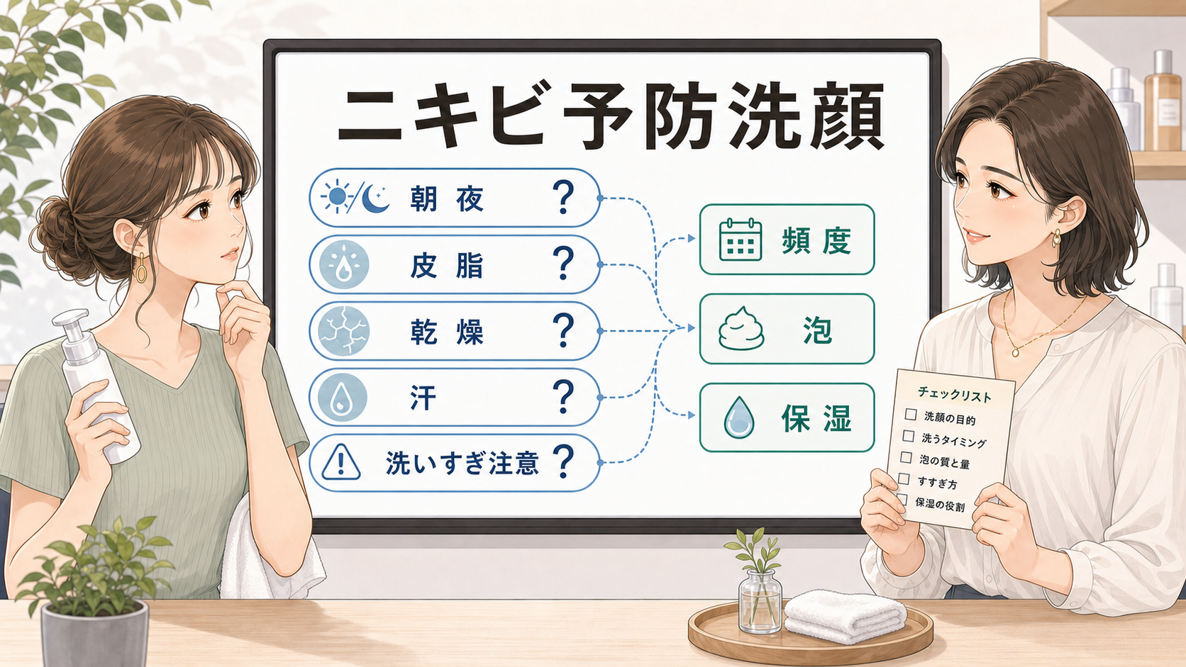 ニキビ予防の洗顔を皮脂、乾燥、朝夜の頻度で整理する読者と専門家のアイキャッチ