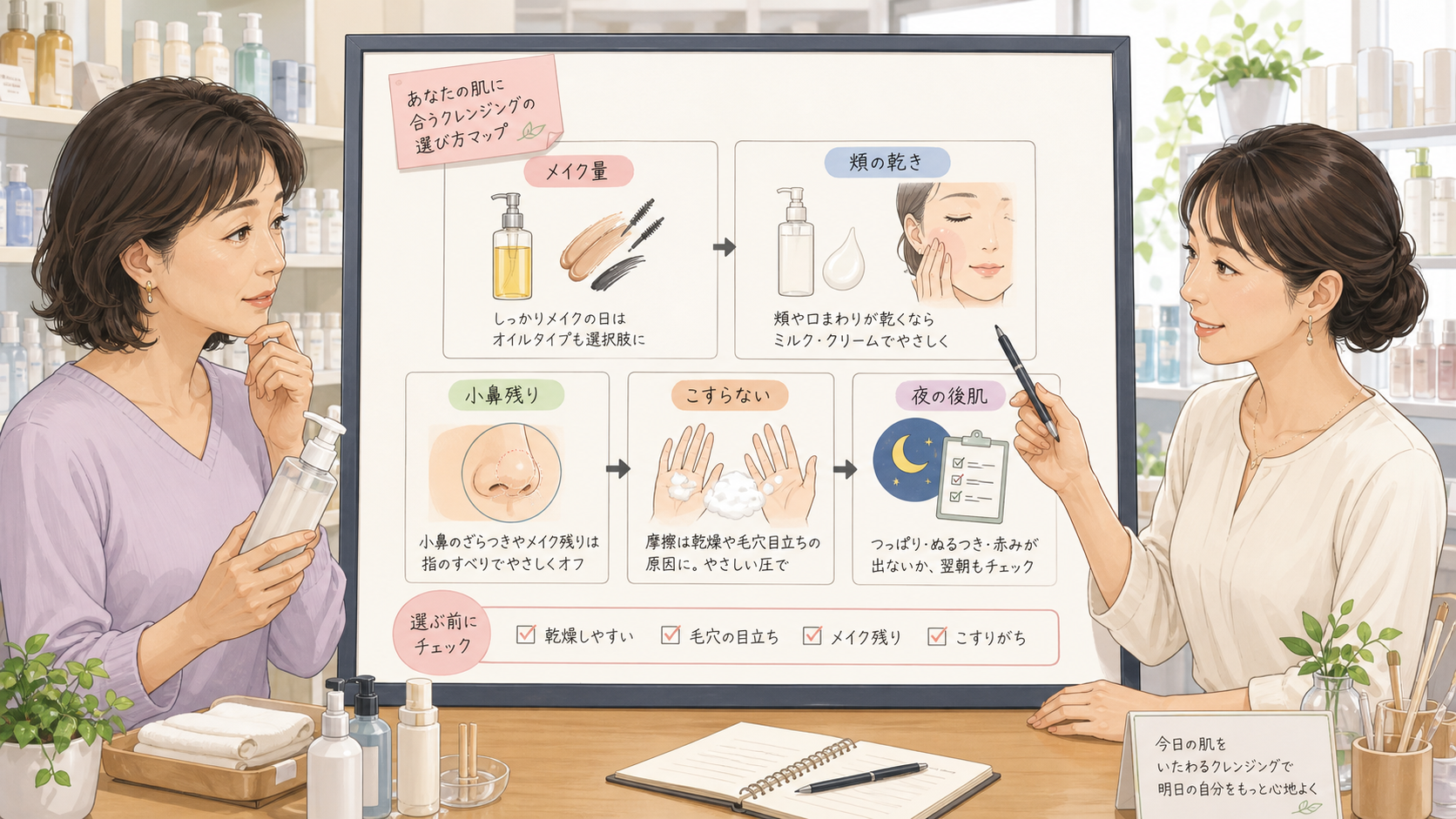 50代女性がドラッグストアでクレンジングを乾燥、毛穴、メイク残りから選ぶ相談ボードのアイキャッチ