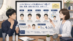 ニキビが気になる男性が皮脂・乾き・髭剃り後で化粧水を選ぶ相談ボードのアイキャッチ