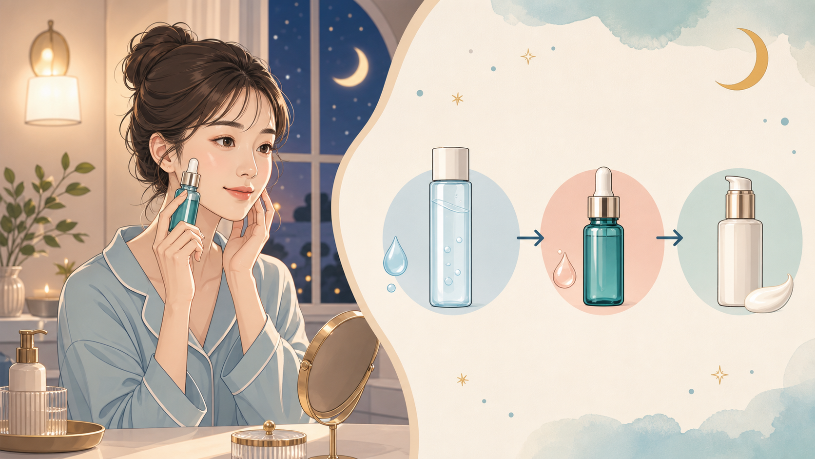 レチノール美容液を夜の化粧水後から乳液前へ使う順番を示すアイキャッチ
