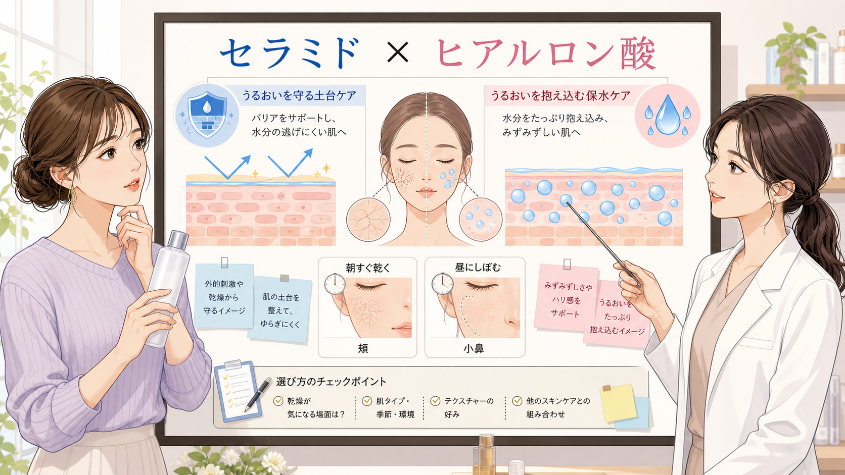 セラミドとヒアルロン酸の化粧水はどっち?乾き方で選ぶ保湿の考え方