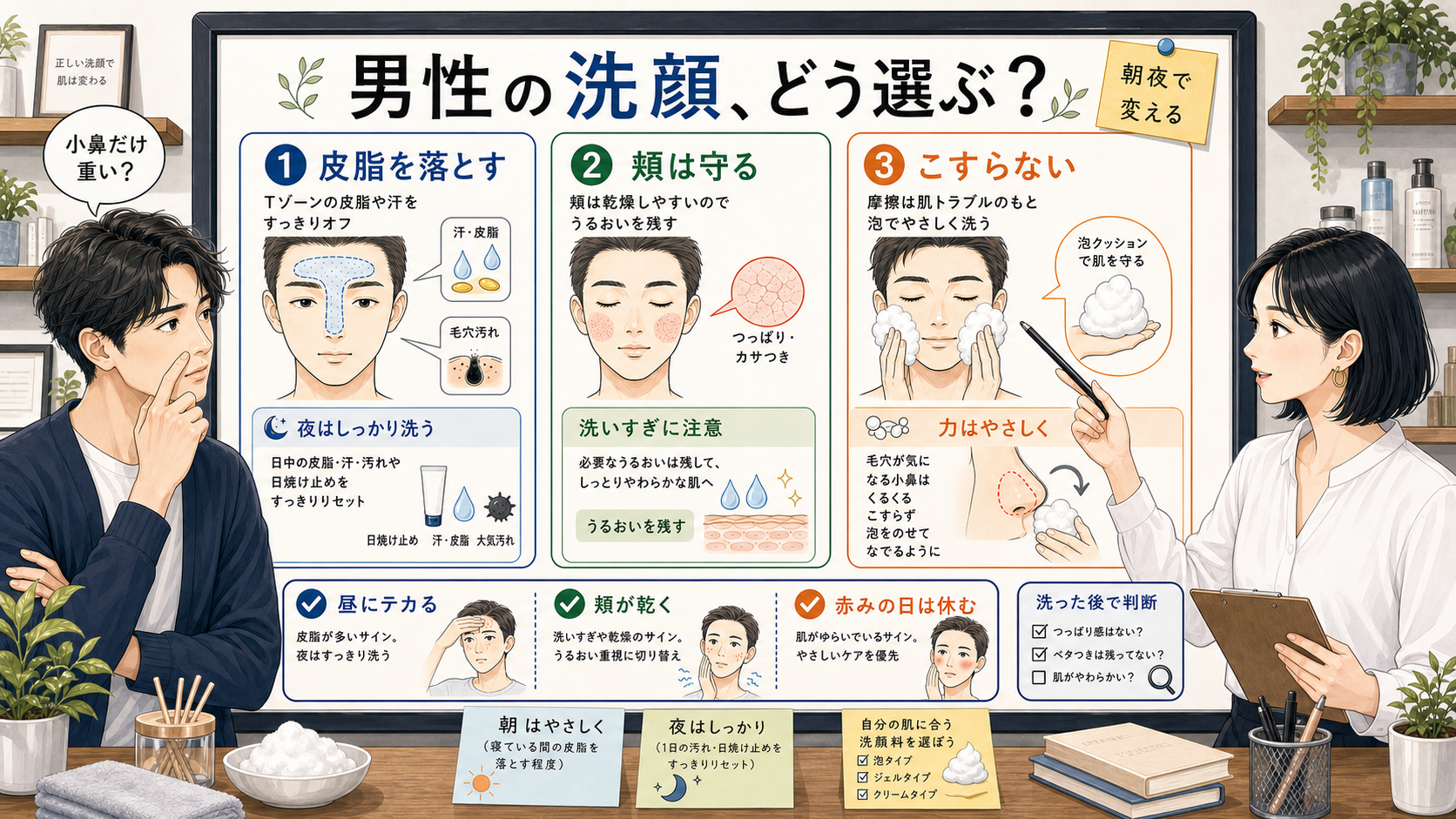 男性の洗顔選びを相談ボードで整理するアイキャッチ