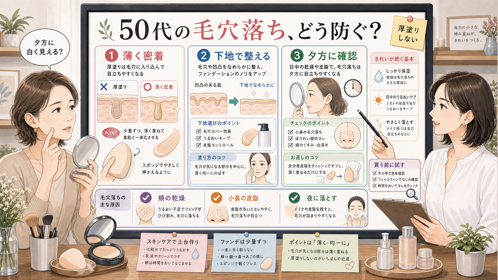 50代の毛穴落ちしないファンデーション選びを相談ボードで整理するアイキャッチ