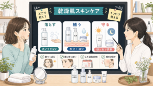 乾燥肌におすすめのスキンケアを落とす・補う・守る順番で整理したアイキャッチ