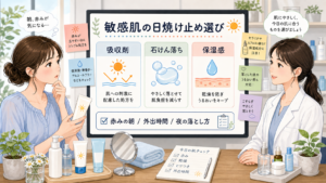 敏感肌向け日焼け止めをドラッグストアで選ぶための吸収剤、石けん落ち、保湿感の相談ボード