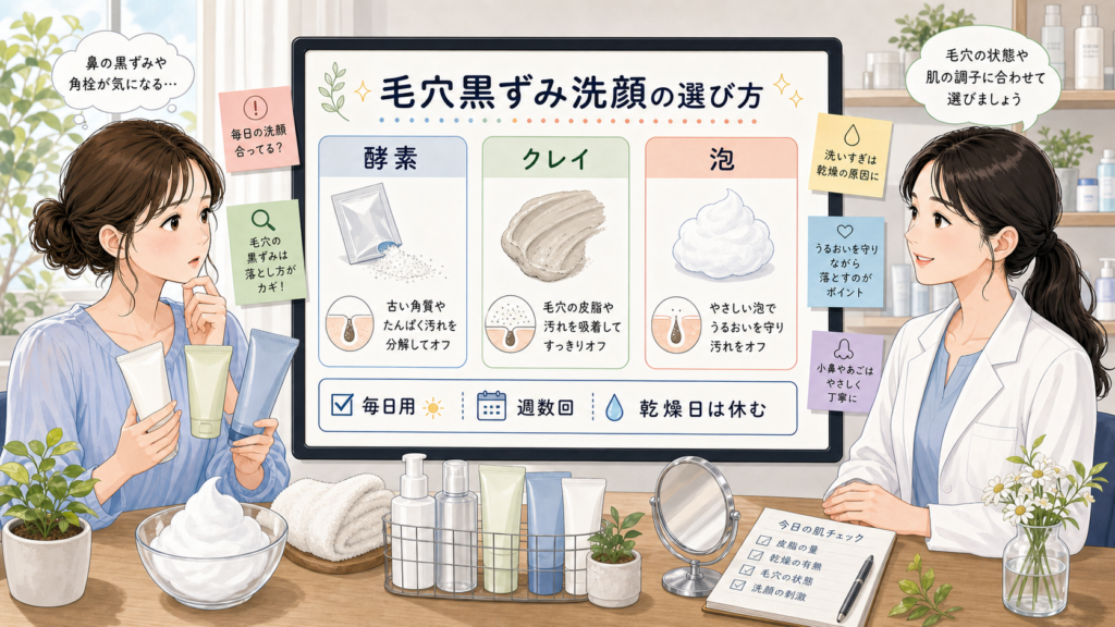 毛穴黒ずみ洗顔をドラッグストアで選ぶための酵素、クレイ、泡、使用頻度の相談ボード