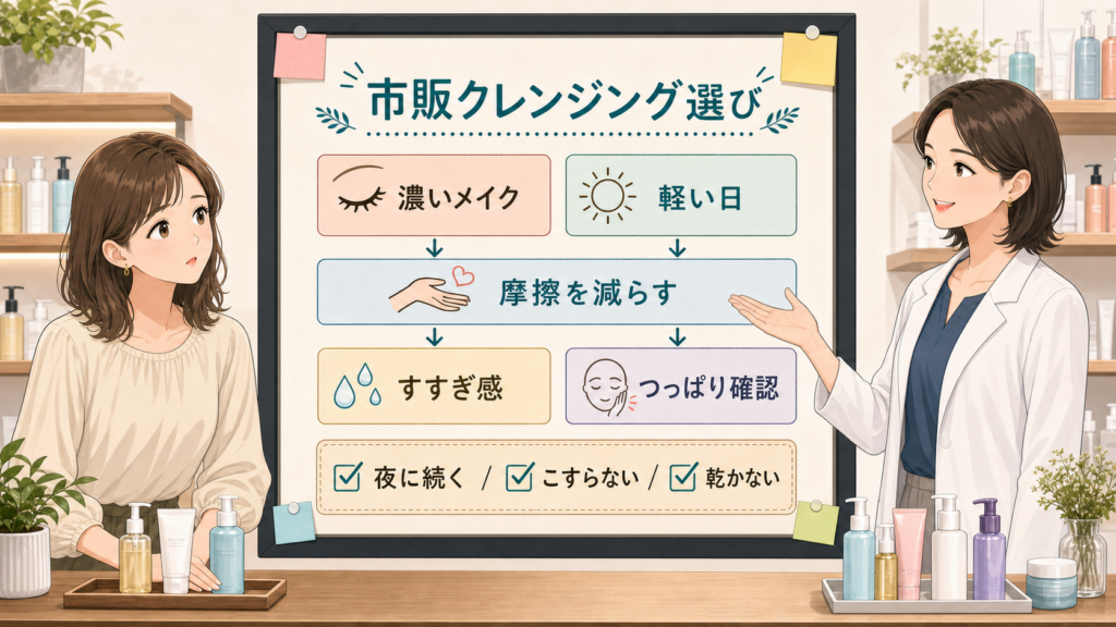 市販クレンジングの選び方を濃いメイク・軽い日・摩擦・すすぎ感で整理する女性向けスキンケア相談のイラスト