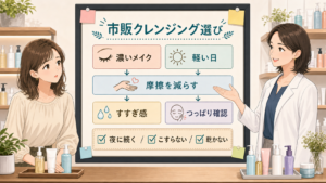 市販クレンジングの選び方を濃いメイク・軽い日・摩擦・すすぎ感で整理する女性向けスキンケア相談のイラスト