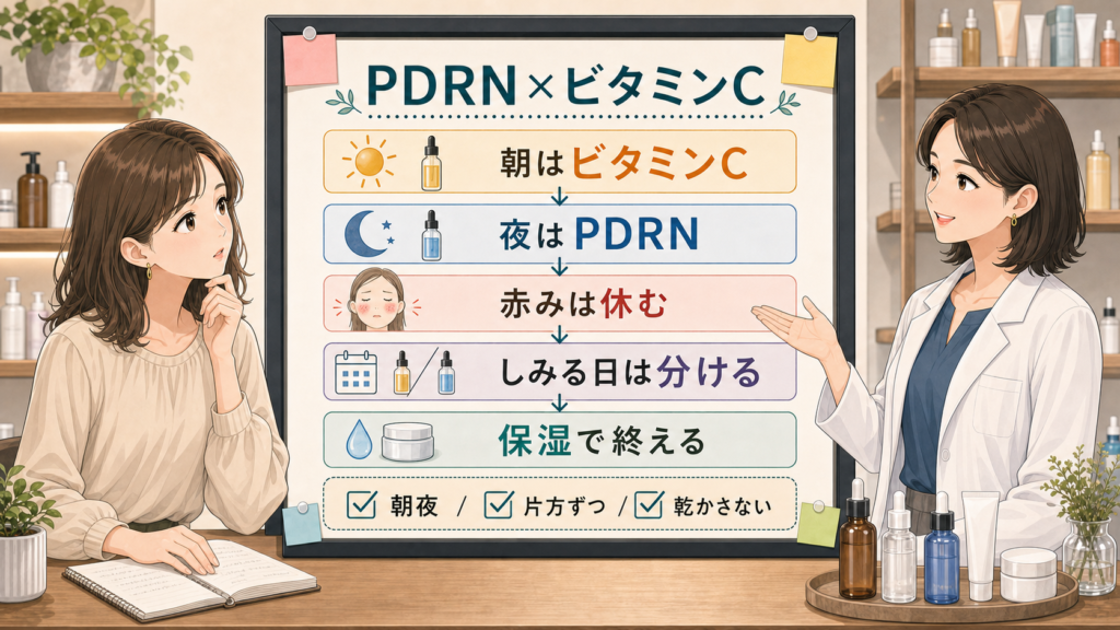 PDRNとビタミンCの併用を朝夜、順番、赤み、保湿で整理する女性向けスキンケア相談のイラスト