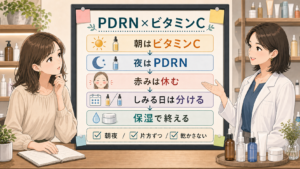 PDRNとビタミンCの併用を朝夜、順番、赤み、保湿で整理する女性向けスキンケア相談のイラスト