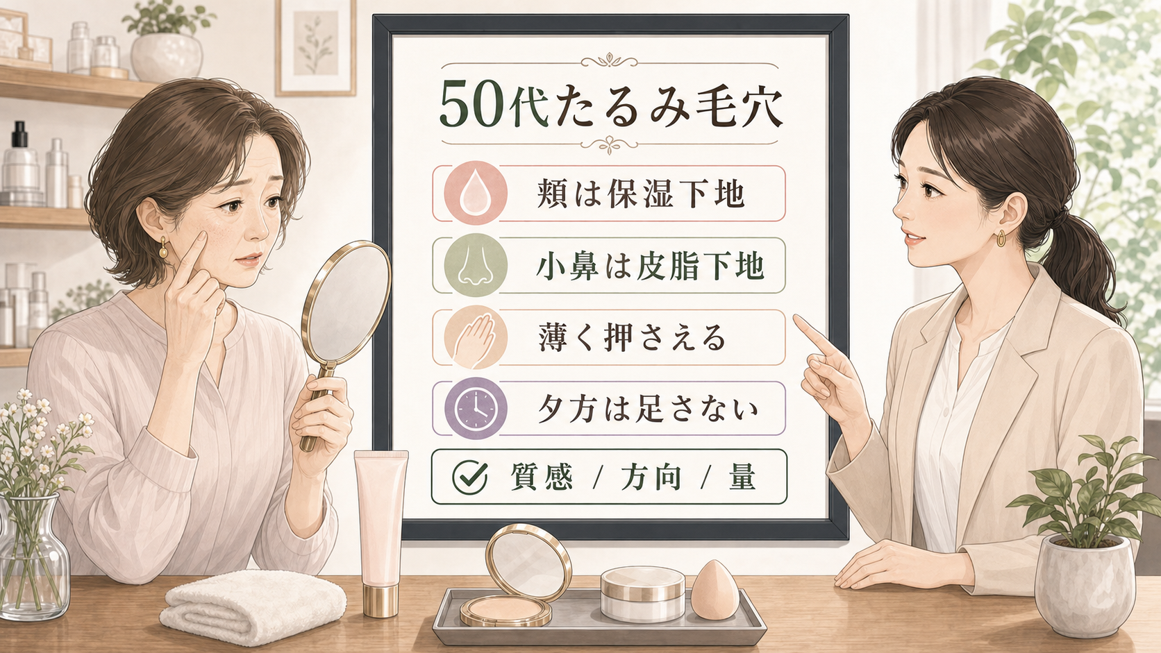 50代のたるみ毛穴を頬の保湿下地、小鼻の皮脂下地、塗る方向と量で整理する女性向けメイク相談のイラスト