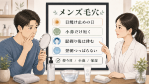 男性の毛穴クレンジングを日焼け止めの日、小鼻だけ短く、髭剃り後は休む、翌朝のつっぱりで整理するスキンケア相談のイラスト