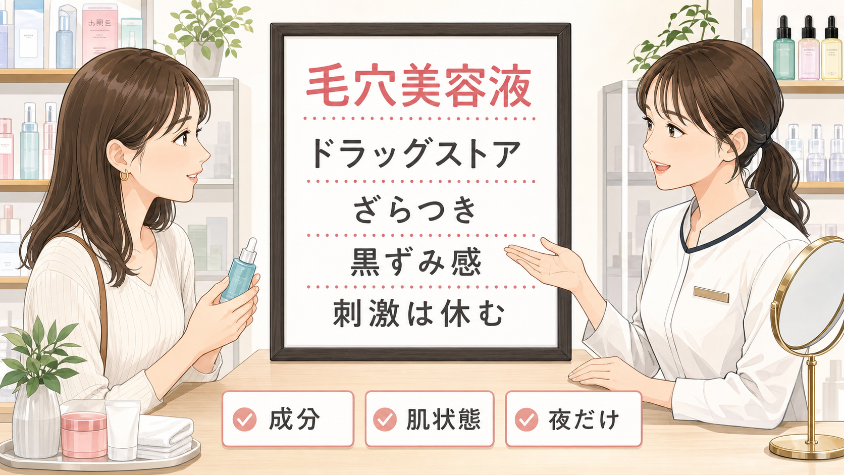 ドラッグストアの毛穴ケア美容液をざらつき、黒ずみ感、刺激、夜だけの使い方で整理する女性向けスキンケア相談のイラスト
