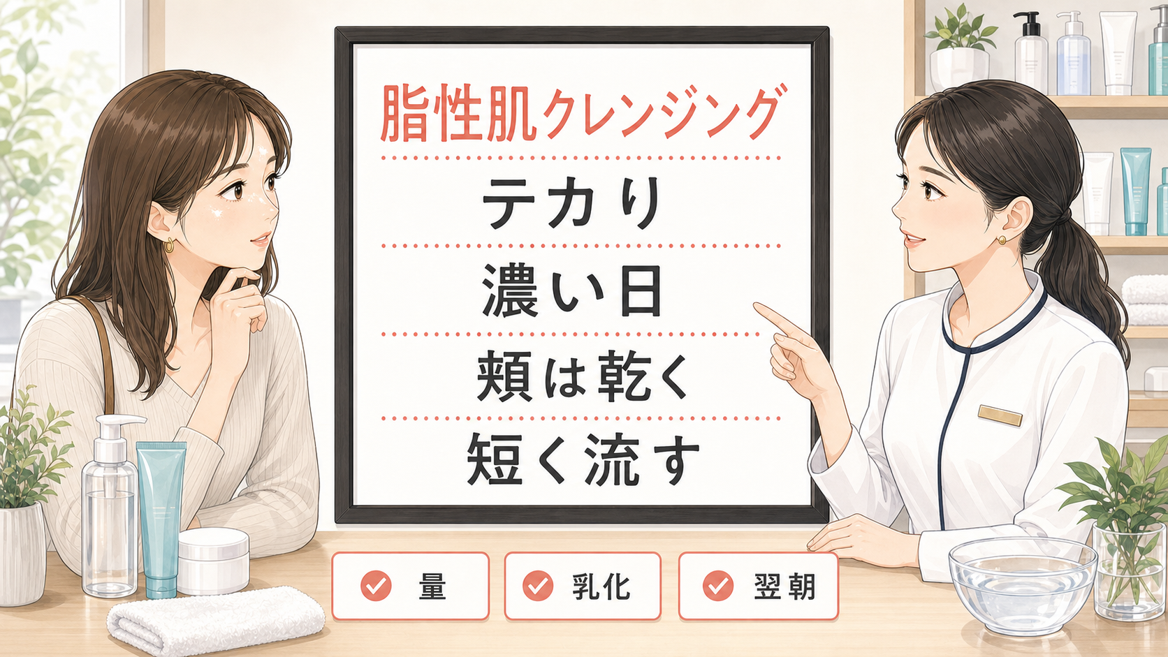 脂性肌のクレンジングをテカり、濃い日、頬の乾き、量、乳化、翌朝の肌で整理する女性向けスキンケア相談のイラスト
