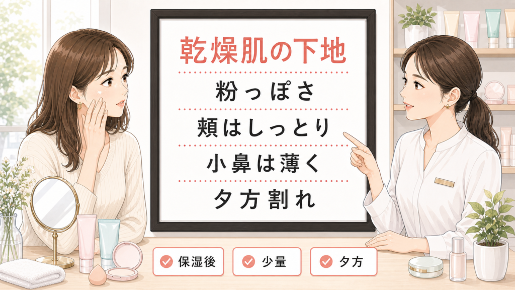 乾燥肌の下地を粉っぽさ、頬のしっとり感、小鼻の薄塗り、夕方割れで整理する女性向けメイク前相談のイラスト