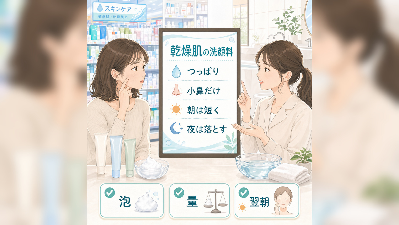 乾燥肌の洗顔料を頬のつっぱり、小鼻のざらつき、朝夜の使い分けで整理する女性向けドラッグストア洗顔相談のイラスト