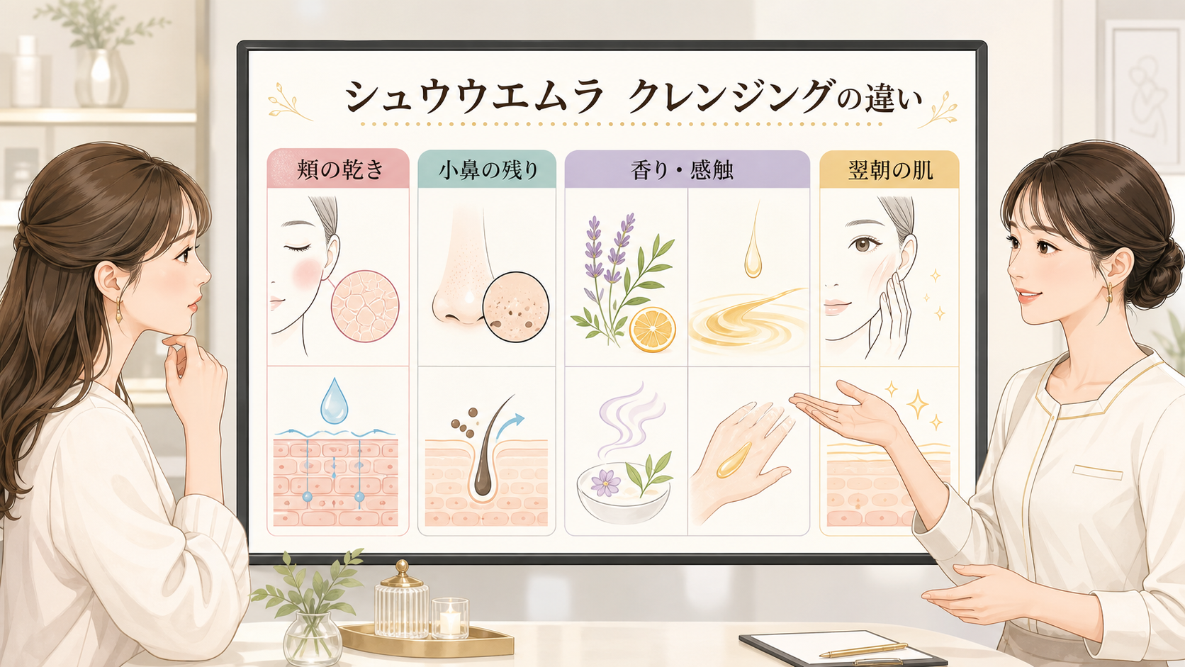シュウウエムラのクレンジングの違いを肌質・毛穴・使い心地で迷う読者と専門家のアイキャッチ