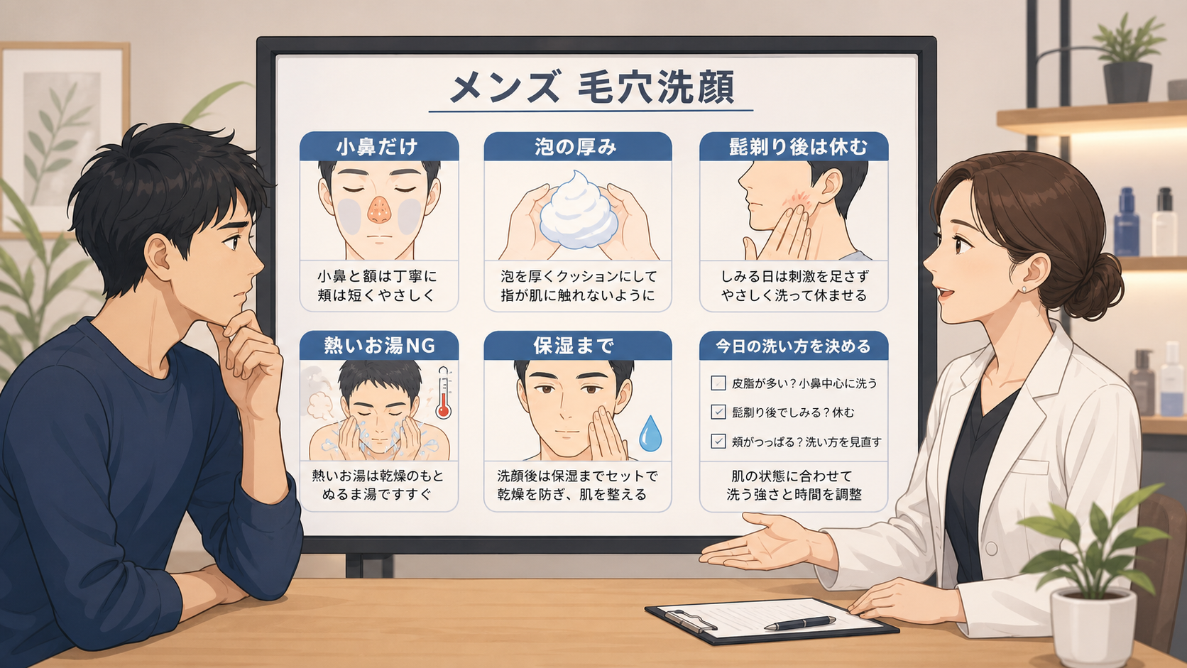 メンズの毛穴洗顔を皮脂・小鼻・髭剃り後で迷う読者と専門家のアイキャッチ