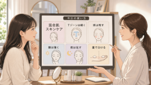 混合肌のスキンケアをTゾーンと頬で迷う読者と専門家のアイキャッチ