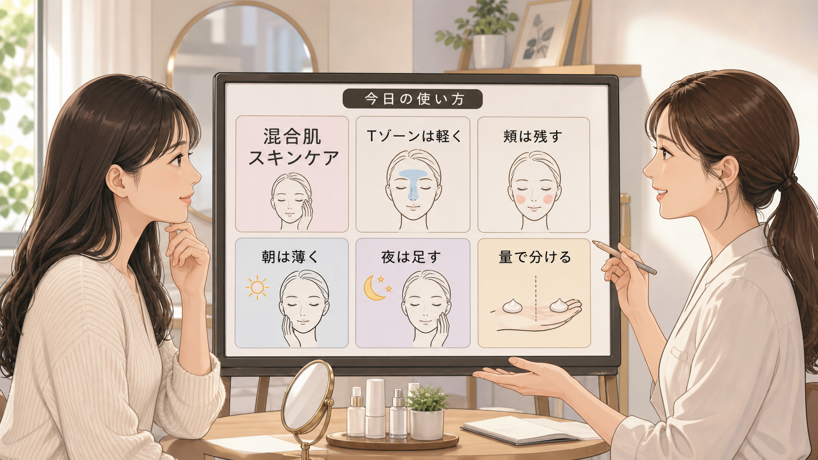 混合肌のスキンケアをTゾーンと頬で迷う読者と専門家のアイキャッチ