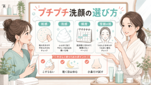 洗顔のプチプチ感を粒感、泡感、翌朝の肌で選ぶ1207基準のボード型イラストアイキャッチ