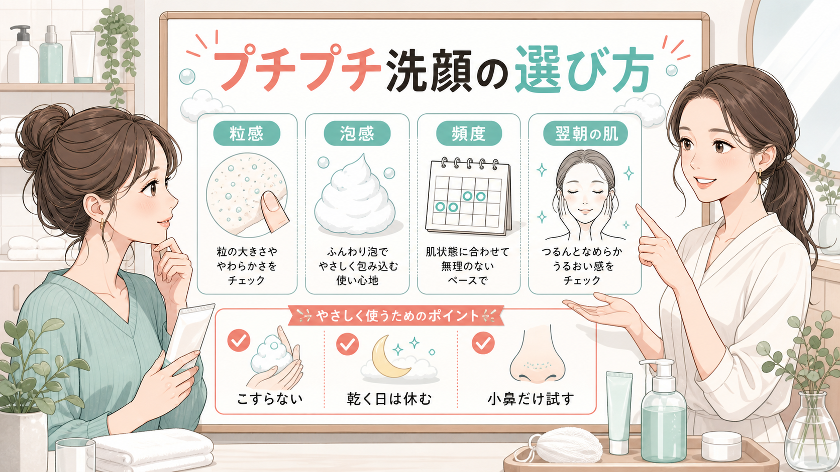 洗顔のプチプチ感を粒感、泡感、翌朝の肌で選ぶ1207基準のボード型イラストアイキャッチ