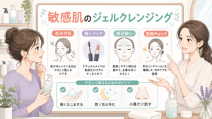 敏感肌のジェルクレンジングを赤みの日と軽いメイクの日で使い分ける1207基準のボード型イラストアイキャッチ