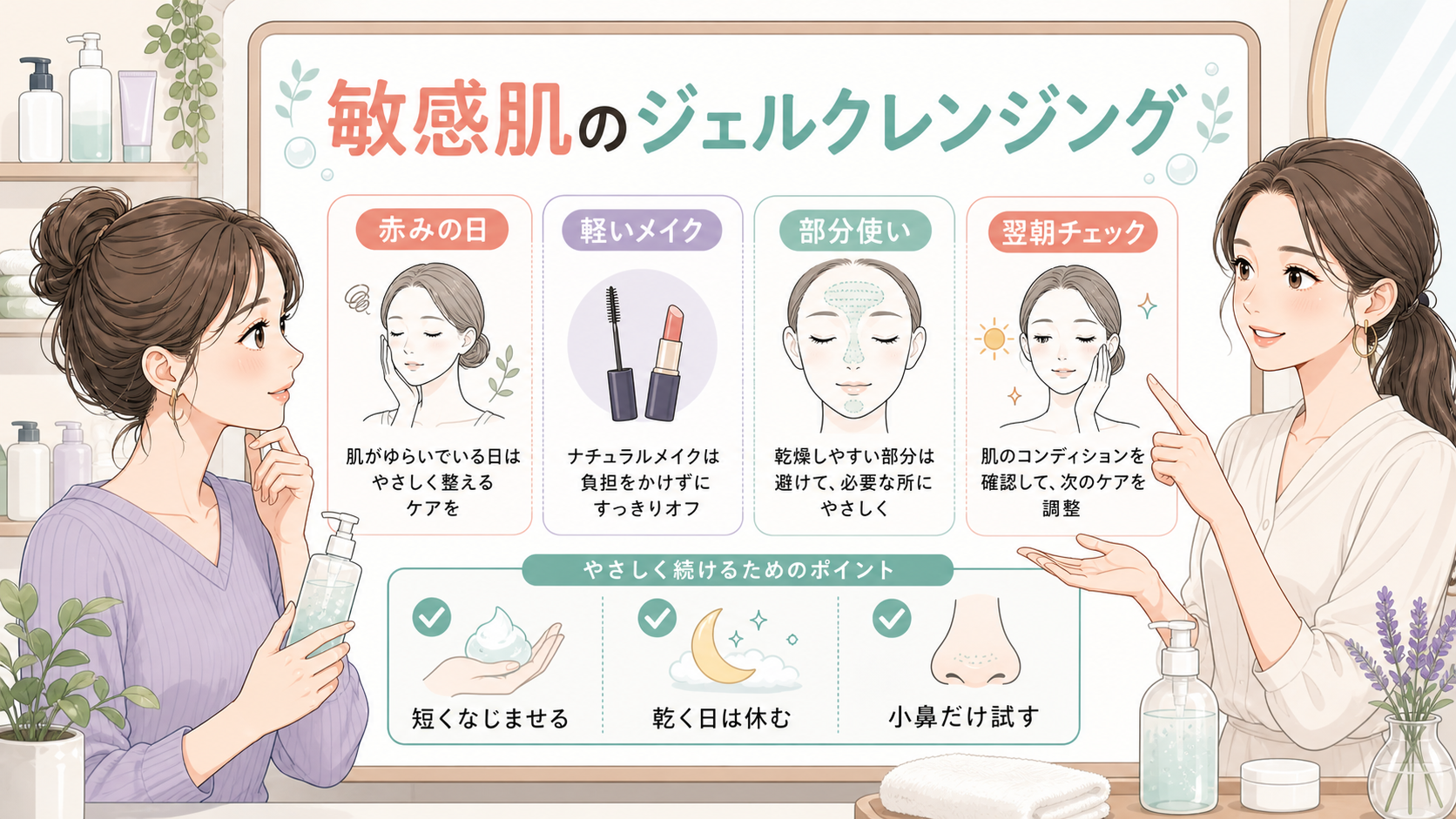敏感肌のジェルクレンジングを赤みの日と軽いメイクの日で使い分ける1207基準のボード型イラストアイキャッチ
