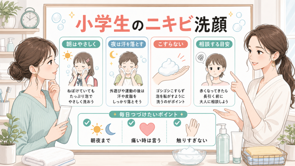 小学生のニキビ洗顔を朝夜の回数とこすらない洗い方で整理する1207基準のボード型イラストアイキャッチ