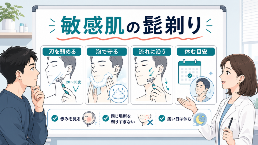 敏感肌の髭剃りを刃と泡と休む目安で整理する1207基準のボード型イラストアイキャッチ