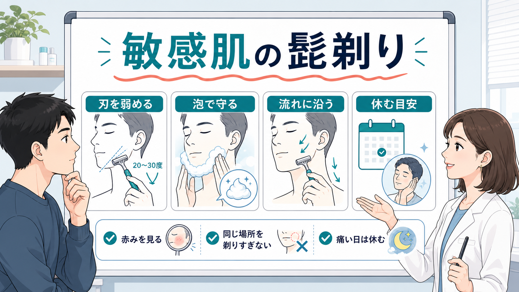 敏感肌の髭剃りを刃と泡と休む目安で整理する1207基準のボード型イラストアイキャッチ