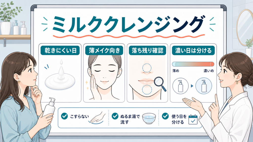 ミルククレンジングを乾きと落ち残りと使う日で整理する1207基準のボード型イラストアイキャッチ